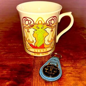 Vintage Art Nouveau Style Libra Coffee Cup & Blu Leather Keychain Unique